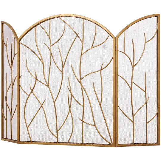 Gold Metal Tree Arched 3-Panel Fireplace Screen